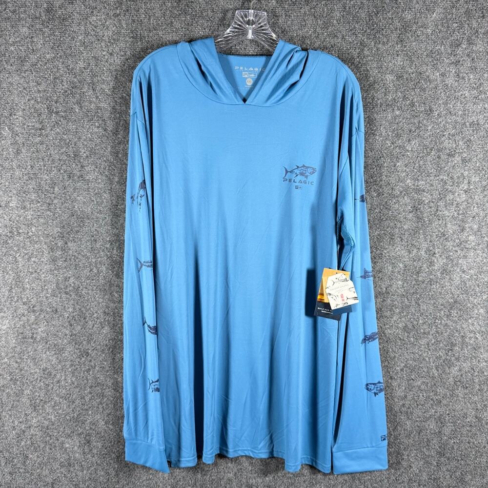 Pelagic AquaTek Gyotaku Hooded Fishing Shirt Mens 2XL Ocean LS Nylon UPF 50 NWT